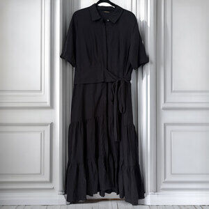 Kobi Halperin Tiered Linen Blend Wrap Shirt Maxi Dress Black XL Collared
